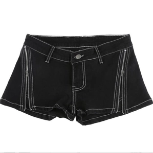 Women's black denim shorts with white contrast stitching and side metal zippers