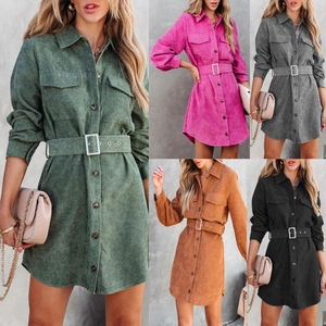 Women Casual Corduroy Shirt Dress With Belt Button Down Long Sleeve Lapel Midi Dress Pockets Solid Color Elegant Autumn Dress