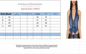 Size chart for V-neck denim vest including measurements for chest, length, and waist in cm