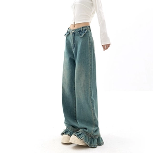 Jean large à taille haute pour femme avec détails volantés aux poches et à l'ourlet bleu