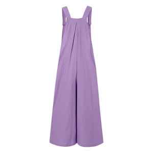 Rear view detail of purple wide-leg jumpsuit with high waist pleats and linen texture