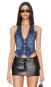 Close-up detail of dark blue V-neck denim vest with metal buttons and washed texture