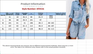 Tabella dettagliata delle taglie per tuta corta in denim azzurro a maniche lunghe