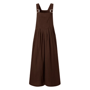 Detail of summer brown wide-leg jumpsuit with decorative buttons and flat neckline