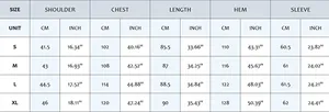 Comprehensive size chart for denim shirt dress including chest and sleeve measurements