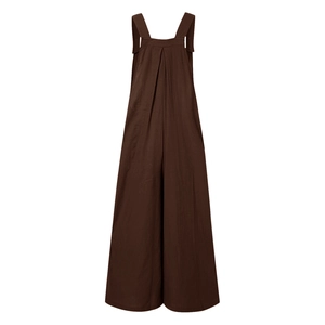 Detail showing brown wide-leg jumpsuit with thick straps and textured pleat on white back