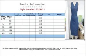 Size chart detail for sleeveless denim dress with bust and length measurements in centimeters