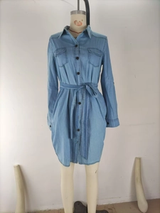Close-up of a light blue denim shirt dress featuring a lapel collar and buttoned chest pockets