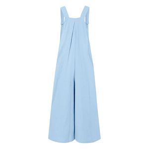 Detail of the light blue wide-leg jumpsuit showing breathable woven fabric texture and straps