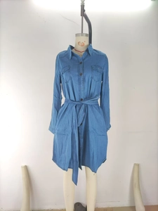 Detail of blue denim dress featuring turn-down collar, button placket and waist tie belt
