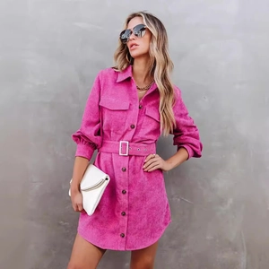 Rose red corduroy long sleeve shirt dress with belted waist and front flap pockets