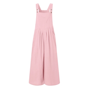 Close-up of adjustable button straps and pleated waist detail on pink wide-leg jumpsuit