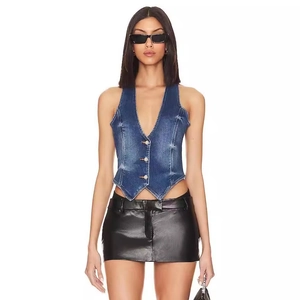 Women's Sexy Deep V-Neck Sleeveless Denim Vest Single Breasted Washed Blue Slim Fit Waistcoat Top Casual Fashion Streetwear