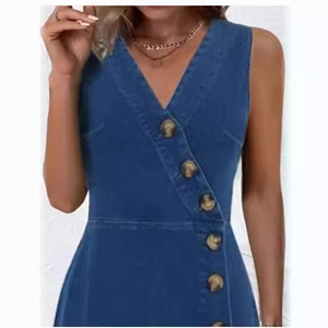 Sleeveless deep blue V-neck denim dress featuring vintage brown buttons and a slim fit
