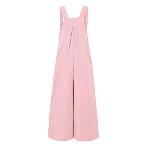 Detail of light pink wide-leg jumpsuit with broad straps and natural linen texture