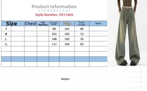 Size chart showing hip, waist, and length for vintage green wide-leg jeans with belt