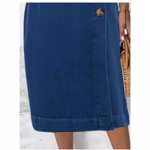 Women's dark blue denim wrap skirt with button detail and textured twill fabric
