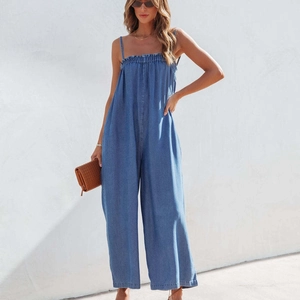 Women Casual Denim Style Jumpsuit Sleeveless High Waist Wide Leg Overalls Loose Spaghetti Strap Long Romper For Summer