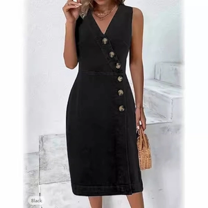 Sleeveless V-neck black denim dress with side button decor and slim fit midi cut