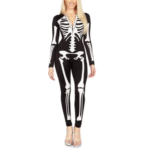 Women Sexy Halloween Skeleton Print Long Sleeve Zipper Bodysuit Slim Fit Black White Skull Bone Party Costume Jumpsuit Catsuit