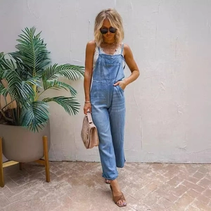 Women Casual Light Blue Denim Overalls Retro Adjustable Straps Straight Leg Jumpsuit With Pockets Summer Fashion Streetwear
