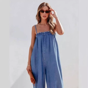 Summer high waist wide leg denim jumpsuit with spaghetti straps and pleated bust