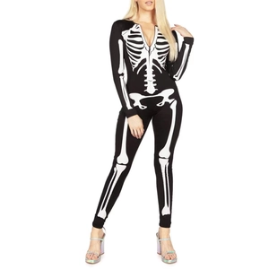Sexy black long sleeve jumpsuit with white skeleton print and V-neck for Halloween party