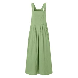 Detail of sage green jumpsuit featuring wide straps and decorative wooden buttons
