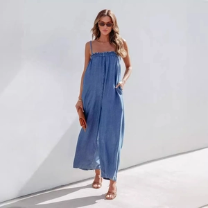 Women's summer loose high-waist sleeveless wide-leg denim jumpsuit with thin straps