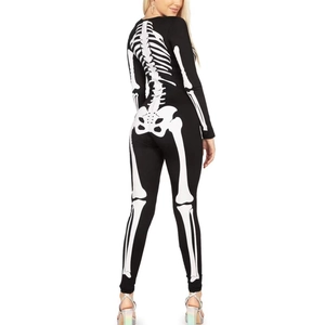 Halloween skeleton print long sleeve bodysuit with back zipper and slim fit design