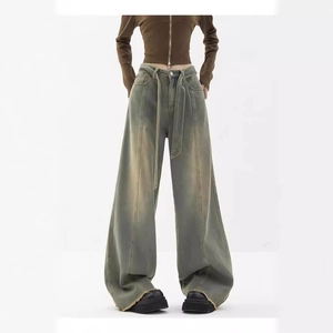 Women Retro Washed Wide Leg Jeans High Waist Mopping Denim Pants With Belt Streetwear Fashion Loose Long Trousers