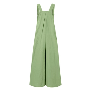 Detailed view of green wide-leg jumpsuit showing cotton linen texture and wide shoulder straps
