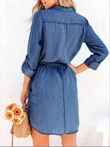 Detail of blue denim shirt dress showing rear waist tie and high-quality contrast stitching