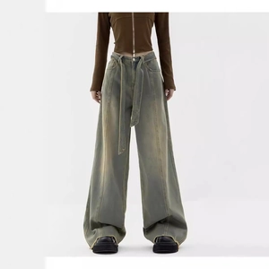 Women's vintage wide leg denim pants in washed grey-green with vertical seam detail
