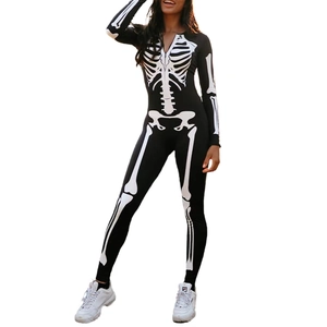 Women's Halloween skeleton bodysuit with long sleeves and zipper in sleek black