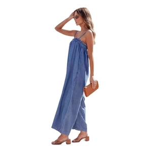 Summer loose high-waisted denim jumpsuits for women featuring thin spaghetti straps and wide legs