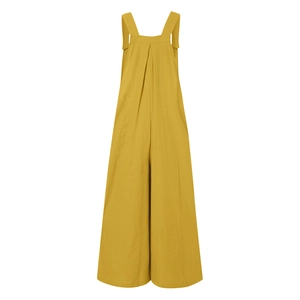 Detailed view of ginger yellow wide-leg jumpsuits with square neck and button straps