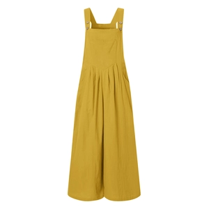 Detail view of yellow wide-leg jumpsuit showing textured fabric and decorative buttons