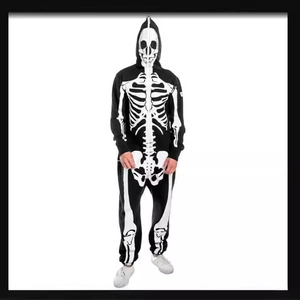 Combinaison squelette Halloween pour adultes avec capuche zippée et motif d'os colorés