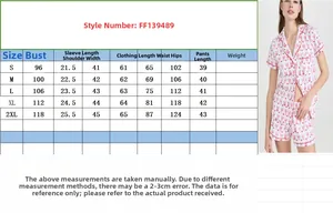 Size chart table for women short sleeve loungewear set with bunny print and measurements