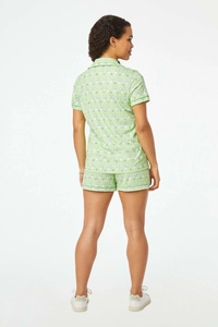 Back view of light green pajama set with cute white rabbit and heart patterns