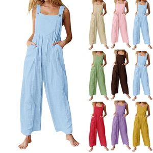 Women Casual Solid Color Wide Leg Jumpsuit Sleeveless Loose Fit Overalls With Pockets Summer Fashion One Piece Outfits