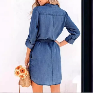 Long sleeve denim shirt dress with lapel collar and waist tie belt in washed blue finish
