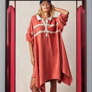 Women's casual terracotta polo dress with white collar and striped detail in loose fit