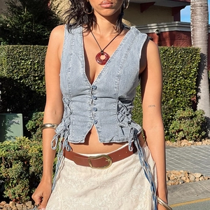 Women Sexy Slim Fit Denim Vest V Neck Single Breasted Lace Up Side Sleeveless Light Blue Washed Jean Top Streetwear
