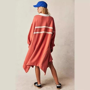 Women's oversize brick red polo collar sweatshirt dress with white stripes back view