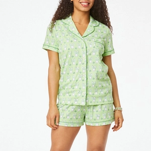 Women's two-piece short sleeve pajama set with green rabbit and clover print