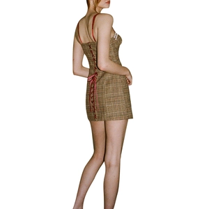 Retro plaid mini dress with lace-up back detail and thin straps for a slim fit