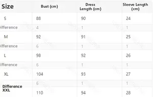 Tableau des tailles pour robe décontractée avec mesures S à XXL en cm pour buste et longueur