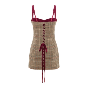 Plaid backless mini dress with burgundy velvet lace-up ties and sweet checkered pattern